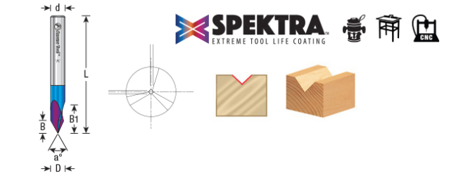 45624-K-2 2-Pack Solid Carbide 3 Flute V-Groove 60 Deg x 1/4 Dia x 7/32 x 1/4 Inch Shank Spektra™ Extreme Tool Life Coated Router Bit