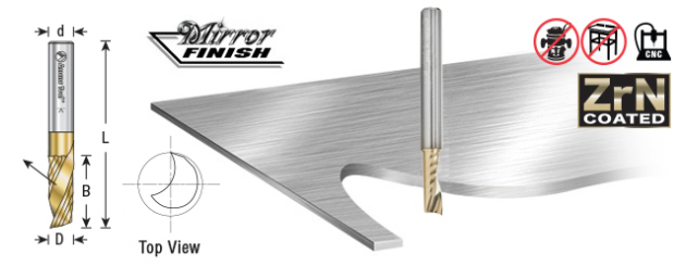 51373-Z Solid Carbide CNC Spiral O Flute Aluminum Cutting 1/8 Dia x 5/16 x 1/4 Shank Up Cut ZrN Coated Router Bit