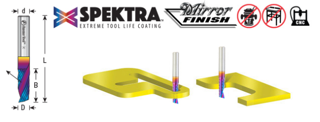 51441-K Solid Carbide CNC Spektra™ Extreme Tool Life Coated Spiral O Single Flute Plastic Cutting 1/16 Dia x 1/4 x 1/4 Shank x 2 Inch Long Up Cut Router Bit