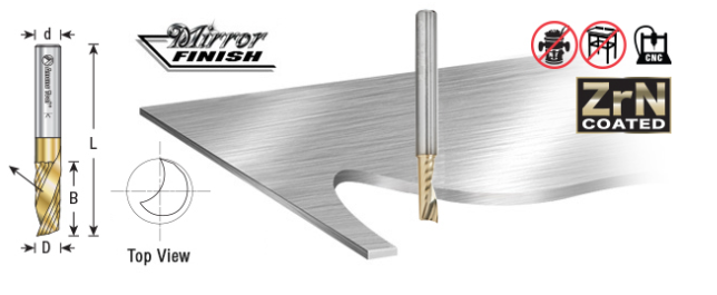 51478-Z Solid Carbide CNC Spiral O Flute Aluminum Cutting 3/16 Dia x 5/8 x 1/4 Shank Up Cut ZrN Coated Router Bit