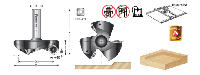 RC-2255 CNC Insert Carbide 3 Wing Flute Heavy Duty Spoilboard Plunging Surfacing Planing Flycutter Slab Leveler 2-1/2 Dia x 53/64 x 1/2 Shank Router Bit