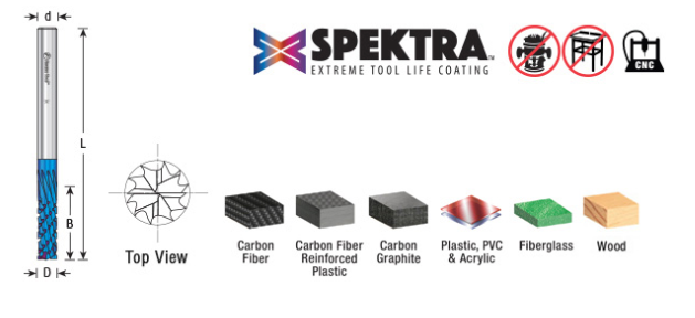 46264-K Solid Carbide CNC Spektra™ Extreme Tool Life Coated Spiral Carbon Graphite Carbon Fiber Panel Cutting 1/4 Dia x 3/4 x 1/4 Shank x 3 Inch Long Down Cut Router Bit