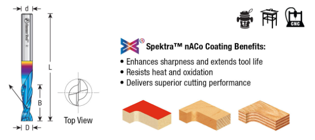 46125-K Solid Carbide Spektra™ Extreme Tool Life Coated Spiral Plunge 1/8 Dia x 13/16 x 1/4 Inch Shank Up Cut