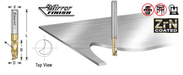 51479-Z Solid Carbide CNC Spiral O Flute Aluminum Cutting 1/4 Dia x 3/8 x 1/4 Shank Up Cut ZrN Coated Router Bit