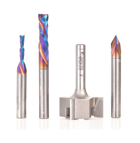 AMS-263 4 Pc CNC Solid Carbide And Carbide Tipped Simulated MDF Shaker Door Router Bit Pack 1/4 Inch Shank