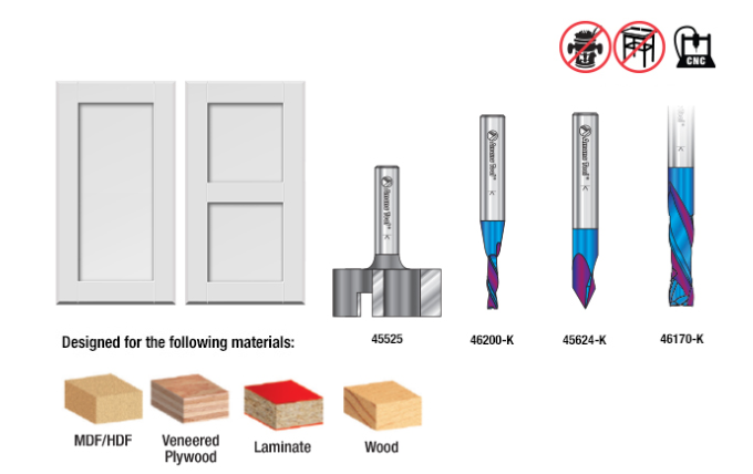 AMS-263 4 Pc CNC Solid Carbide And Carbide Tipped Simulated MDF Shaker Door Router Bit Pack 1/4 Inch Shank