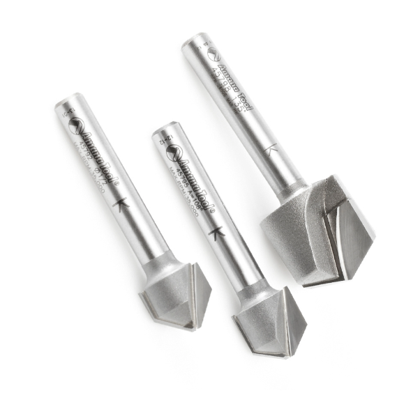 AMS-140 3 Pc Carbide Tipped V-Groove 90 108 And 135 Degree Angles For Double Edge Folding Aluminum Composite Material Acm Panels 1/4 Inch Shank Router Bit Set