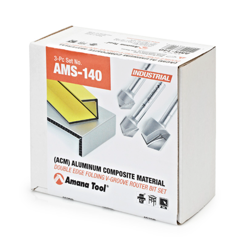 AMS-140 3 Pc Carbide Tipped V-Groove 90 108 And 135 Degree Angles For Double Edge Folding Aluminum Composite Material Acm Panels 1/4 Inch Shank Router Bit Set