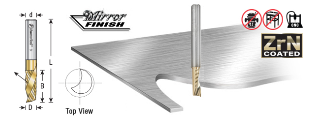 51377-Z Solid Carbide CNC Spiral O Flute Aluminum Cutting 1/4 Dia x 3/4 x 1/4 Shank Up Cut ZrN Coated Router Bit
