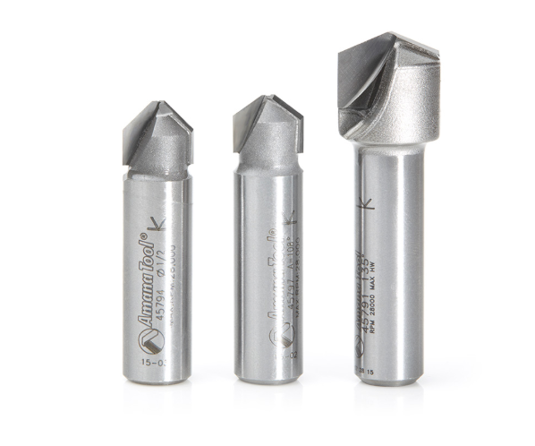 AMS-147 3 Pc Carbide Tipped V-Groove 90 108 And 135 Degree Angles For Double Edge Folding Aluminum Composite Material Acm Panels 1/2 Inch Shank Router Bit Set