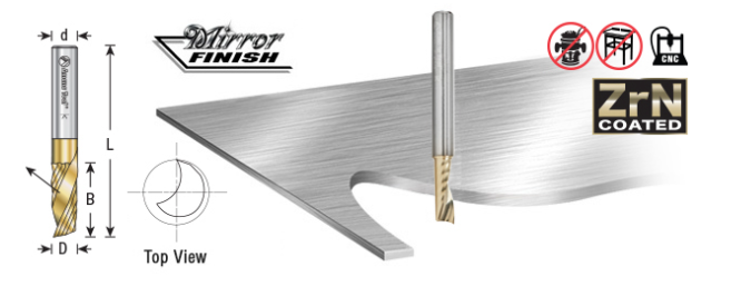 51480-Z Solid Carbide CNC Spiral O Flute Aluminum Cutting 1/4 Dia x 3/4 x 1/4 Shank Up Cut ZrN Coated Router Bit