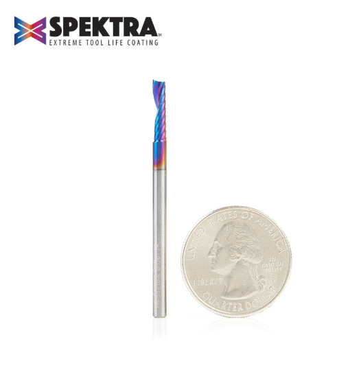 51410-K Solid Carbide CNC Spektra™ Extreme Tool Life Coated Spiral O Flute Plastic Cutting 1/8 Dia x 1/2 x 1/8 Shank Up Cut Design Router Bit