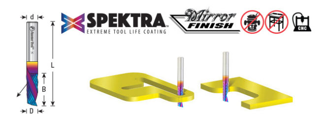 51510-K Solid Carbide CNC Spektra™ Extreme Tool Life Coated Spiral O Flute Plastic Cutting 1/8 Dia x 1/2 x 1/8 Shank Down Cut Design Router Bit