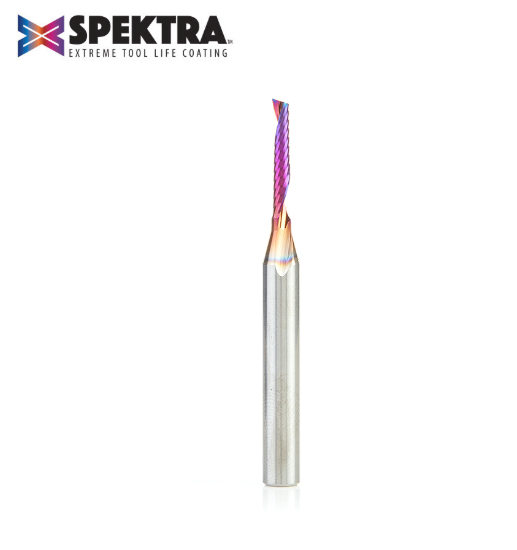 51446-K Solid Carbide CNC Spektra™ Extreme Tool Life Coated Spiral O Single Flute Plastic Cutting 1/8 Dia x 3/4 x 1/4 Shank x 2-1/2 Inch Long Up Cut Router Bit