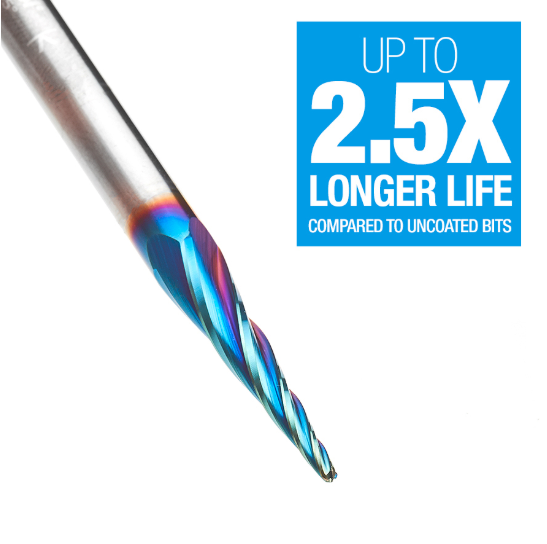 46282-K CNC 2d And 3d Carving 5 4 Deg Tapered Angle Ball Tip 1/16 Dia x 1/32 Radius x 1 x 1/4 Shank x 3 Inch Long x 4 Flute Solid Carbide Up Cut Spiral Spektra™ Extreme Tool Life Coated Router Bit