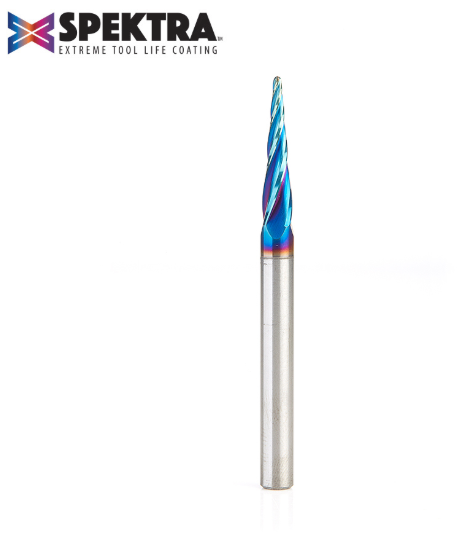 46282-K CNC 2d And 3d Carving 5 4 Deg Tapered Angle Ball Tip 1/16 Dia x 1/32 Radius x 1 x 1/4 Shank x 3 Inch Long x 4 Flute Solid Carbide Up Cut Spiral Spektra™ Extreme Tool Life Coated Router Bit