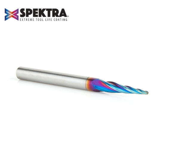 46282-K CNC 2d And 3d Carving 5 4 Deg Tapered Angle Ball Tip 1/16 Dia x 1/32 Radius x 1 x 1/4 Shank x 3 Inch Long x 4 Flute Solid Carbide Up Cut Spiral Spektra™ Extreme Tool Life Coated Router Bit