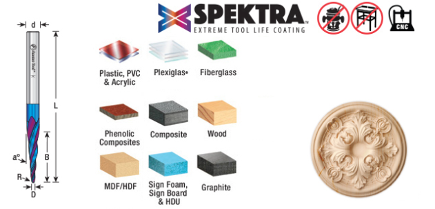 46282-K CNC 2d And 3d Carving 5 4 Deg Tapered Angle Ball Tip 1/16 Dia x 1/32 Radius x 1 x 1/4 Shank x 3 Inch Long x 4 Flute Solid Carbide Up Cut Spiral Spektra™ Extreme Tool Life Coated Router Bit