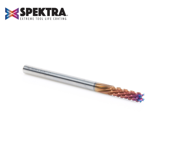 46260-K Solid Carbide CNC Spektra™ Extreme Tool Life Coated Spiral Carbon Graphite Carbon Fiber Panel Cutting 1/8 Dia x 1/2 x 1/8 Shank x 2 Inch Long Down Cut Router Bit