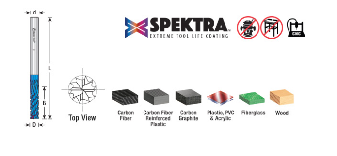 46260-K Solid Carbide CNC Spektra™ Extreme Tool Life Coated Spiral Carbon Graphite Carbon Fiber Panel Cutting 1/8 Dia x 1/2 x 1/8 Shank x 2 Inch Long Down Cut Router Bit