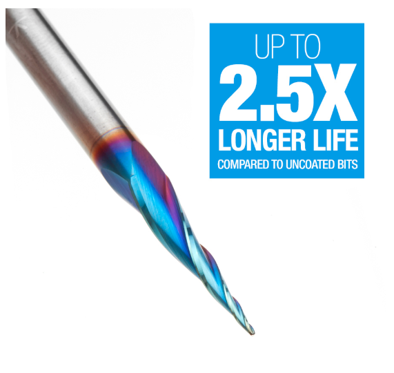 46280-K CNC 2D and 3D Carving 6.2 Deg Tapered Angle Ball Tip x 1/32 Dia x 1/64 Radius x 1 x 1/4 Shank x 3 Inch Long x 3 Flute Solid Carbide Up-Cut Spiral Spektra™ Extreme Tool Life Coated Router Bit