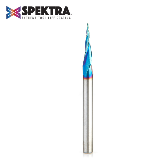 46280-K CNC 2D and 3D Carving 6.2 Deg Tapered Angle Ball Tip x 1/32 Dia x 1/64 Radius x 1 x 1/4 Shank x 3 Inch Long x 3 Flute Solid Carbide Up-Cut Spiral Spektra™ Extreme Tool Life Coated Router Bit