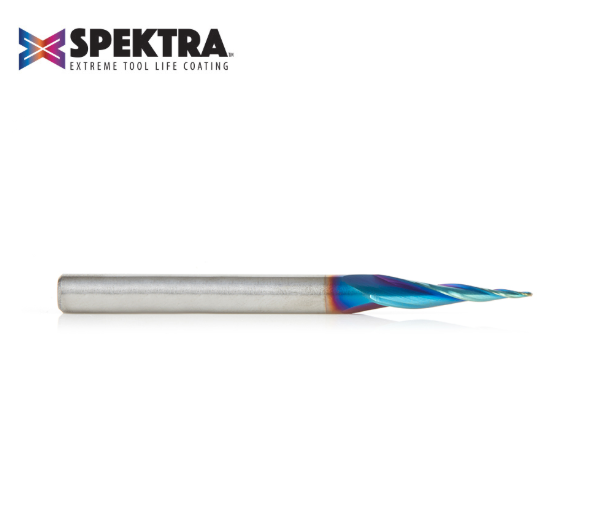 46280-K CNC 2D and 3D Carving 6.2 Deg Tapered Angle Ball Tip x 1/32 Dia x 1/64 Radius x 1 x 1/4 Shank x 3 Inch Long x 3 Flute Solid Carbide Up-Cut Spiral Spektra™ Extreme Tool Life Coated Router Bit