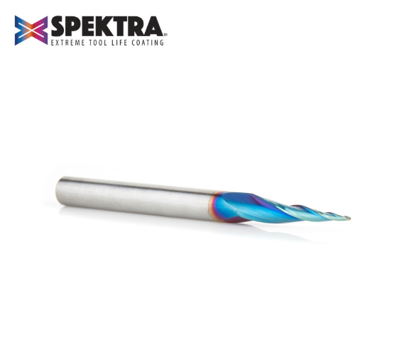 46280-K CNC 2D and 3D Carving 6.2 Deg Tapered Angle Ball Tip x 1/32 Dia x 1/64 Radius x 1 x 1/4 Shank x 3 Inch Long x 3 Flute Solid Carbide Up-Cut Spiral Spektra™ Extreme Tool Life Coated Router Bit