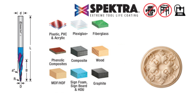 46280-K CNC 2D and 3D Carving 6.2 Deg Tapered Angle Ball Tip x 1/32 Dia x 1/64 Radius x 1 x 1/4 Shank x 3 Inch Long x 3 Flute Solid Carbide Up-Cut Spiral Spektra™ Extreme Tool Life Coated Router Bit