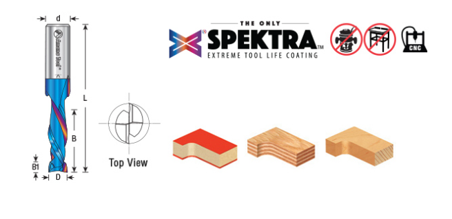 46350-K CNC Solid Carbide Spektra™ Extreme Tool Life Coated Mortise Compression Spiral 1/4 Dia x 1 Inch x 1/4 Shank