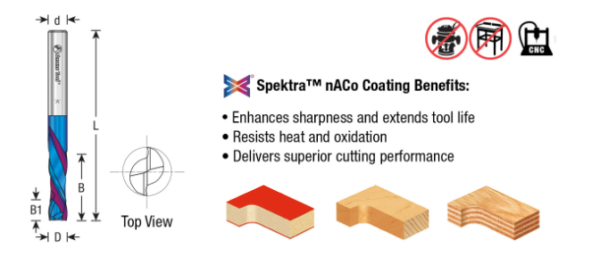 46188-K CNC Solid Carbide Spektra™ Extreme Tool Life Coated Compression Spiral 1/2 Dia x 1-1/4 x 1/2 Inch Shank