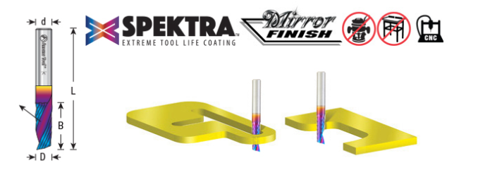 51404-K Solid Carbide CNC Spektra™ Extreme Tool Life Coated Spiral O Flute Plastic Cutting 1/4 Dia x 3/4 x 1/4 Inch Shank Up Cut Router Bit