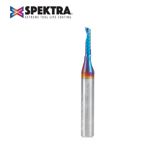 51411-K Solid Carbide CNC Spektra™ Extreme Tool Life Coated Spiral O Flute Plastic Cutting 1/8 Dia x 1/2 x 1/4 Shank Up Cut Design Router Bit