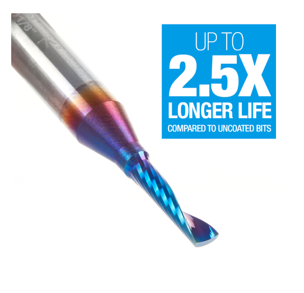 51411-K Solid Carbide CNC Spektra™ Extreme Tool Life Coated Spiral O Flute Plastic Cutting 1/8 Dia x 1/2 x 1/4 Shank Up Cut Design Router Bit
