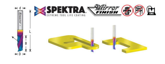 51411-K Solid Carbide CNC Spektra™ Extreme Tool Life Coated Spiral O Flute Plastic Cutting 1/8 Dia x 1/2 x 1/4 Shank Up Cut Design Router Bit