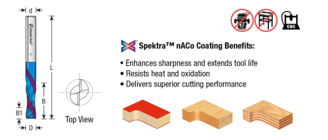 46171-K CNC Solid Carbide Spektra™ Extreme Tool Life Coated Compression Spiral 3/8 Dia x 7/8 x 3/8 Inch Shank