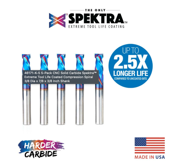 46171-K-5 CNC Solid Carbide Spektra™ Extreme Tool Life Coated Compression Spiral 3/8 Dia x 7/8 x 3/8 Inch Shank
