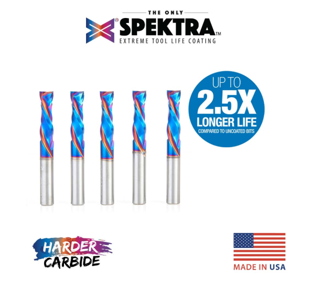 46172-K-5 5 Pack CNC Solid Carbide Spektra™ Extreme Tool Life Coated Compression Spiral 3/8 Dia x 1-1/4 Inch x 3/8 Shank