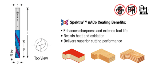 46172-K-5 5 Pack CNC Solid Carbide Spektra™ Extreme Tool Life Coated Compression Spiral 3/8 Dia x 1-1/4 Inch x 3/8 Shank