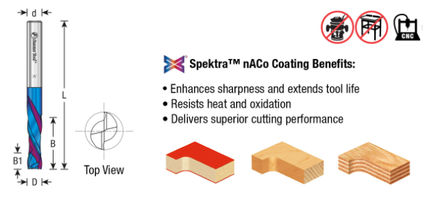 46170-K CNC Solid Carbide Spektra™ Extreme Tool Life Coated Compression Spiral 1/4 Dia x 7/8 x 1/4 Inch Shank