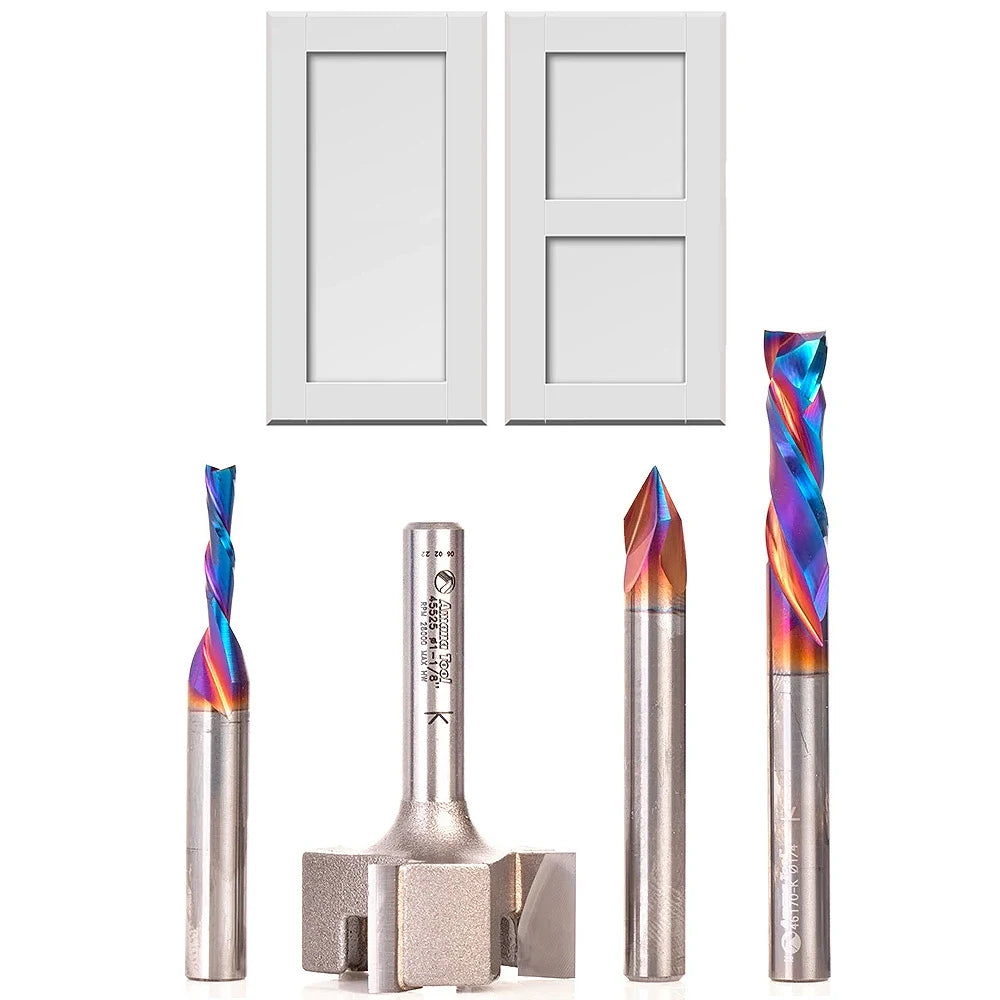 Amana Tool AMS-263 4-Pc CNC Simulated MDF Shaker Cabinet Door Router Bit Set, Solid Carbide and Carbide Tipped, 1/4 Inch Shank